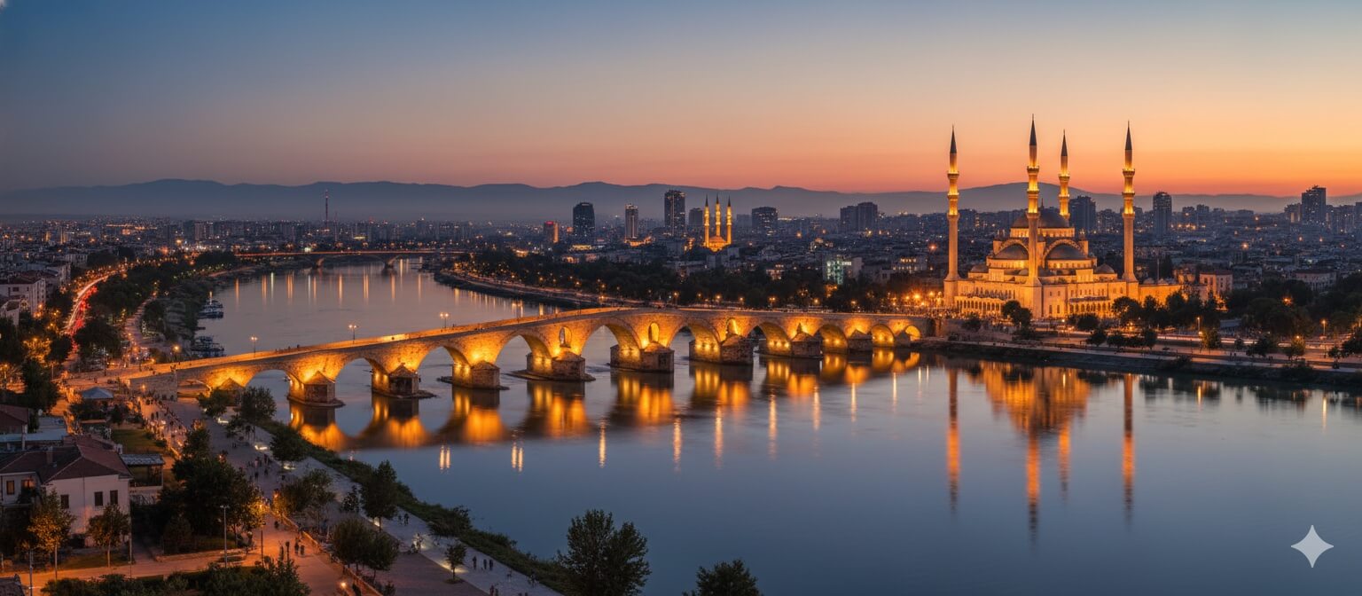 Adana'da Seyhan Nehri'ni kapsayan tarihi Taşköprü'nün çok geniş panoramik görünümü, bir kıyıda etkileyici Sabancı Merkez Camii ile, alacakaranlıkta sıcak gökyüzü altında güzel bir şekilde aydınlatılmış.