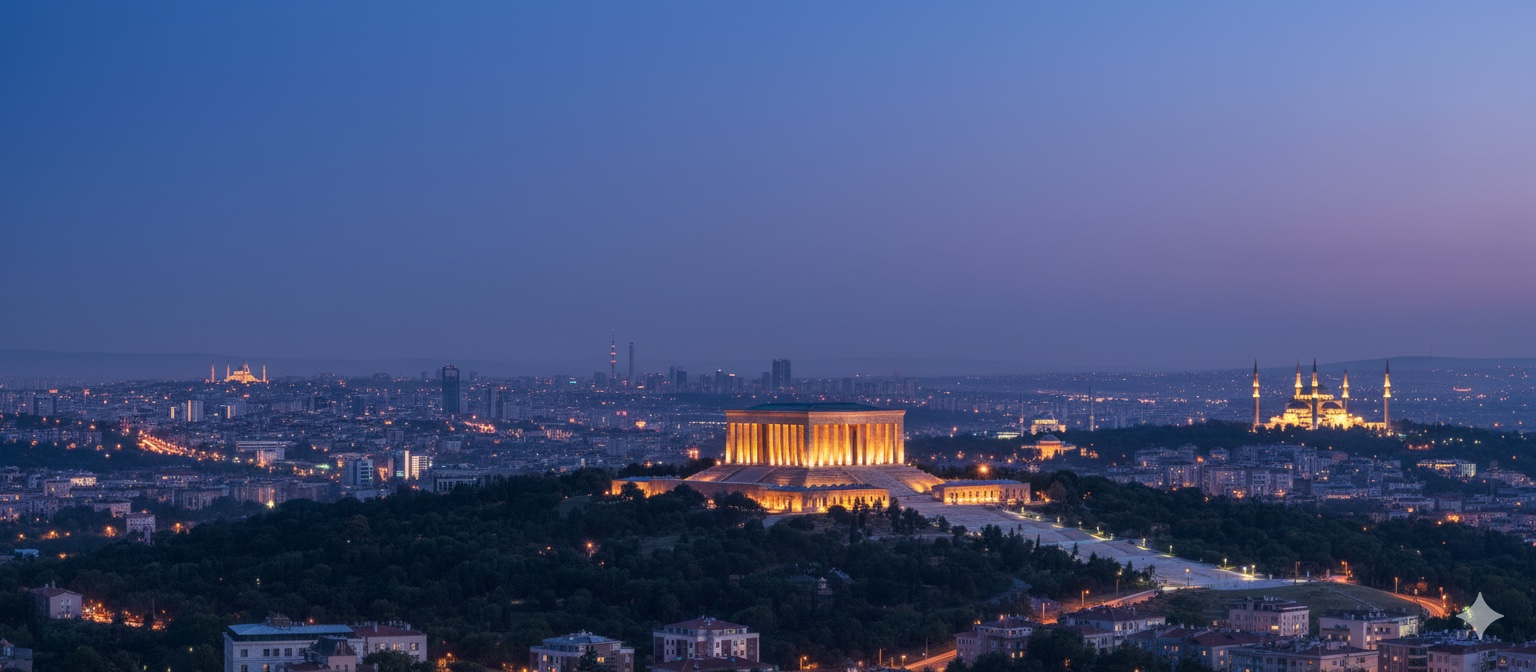 Very wide panoramic aerial view of Anıtkabir, Atatürk's mausoleum, majestically lit at twilight, surrounded by a green cityscape with the Ankara skyline and Kocatepe Mosque in the distance under a purplish-blue sky.