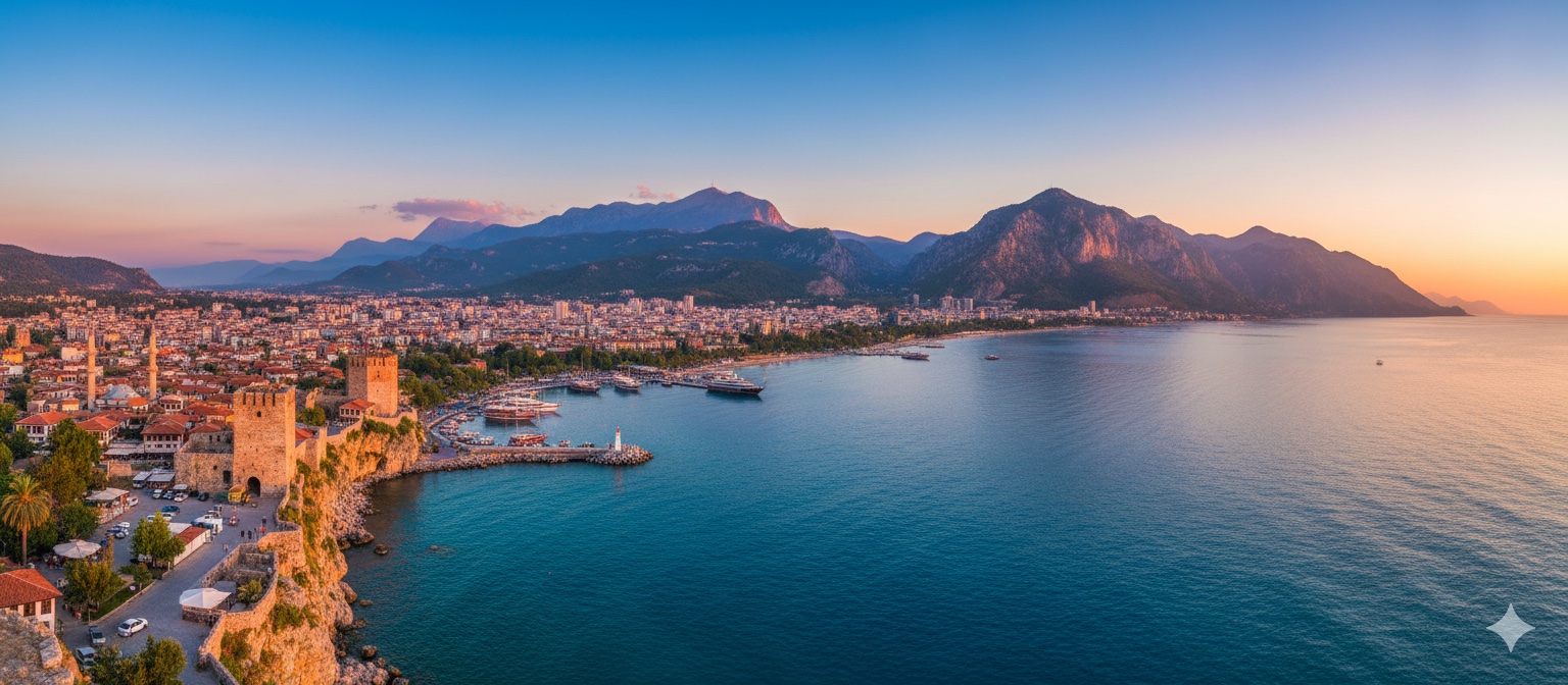 Very wide panoramic view of Antalya's historic Kaleiçi harbor and city walls, with boats docked in the turquoise Mediterranean Sea, backed by majestic mountains under a colorful sunset sky.