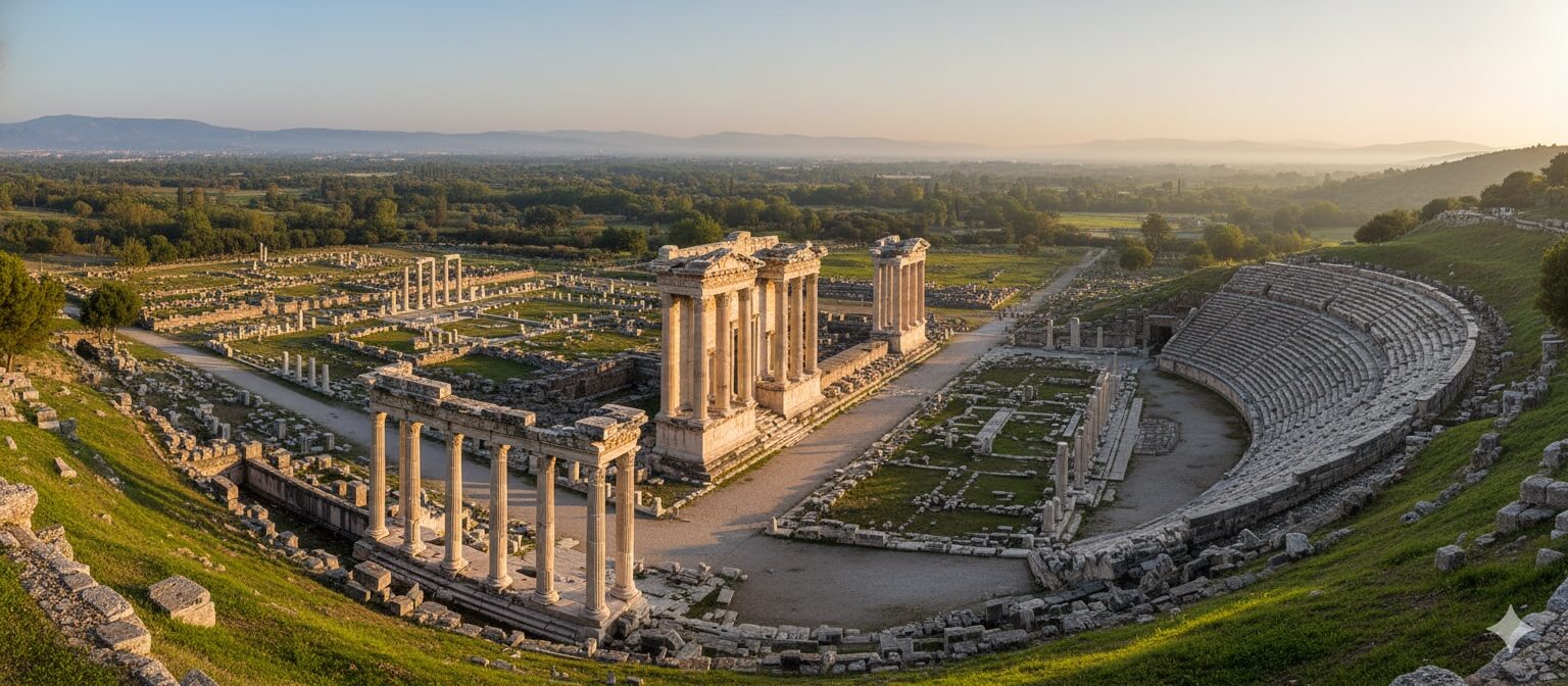 Aydın'daki antik Roma şehri Afrodisyas'ın çok geniş panoramik görünümü, iyi korunmuş Agora ve tiyatro kalıntıları ile, berrak sabah gökyüzü altında yemyeşil manzaralarla çevrili.