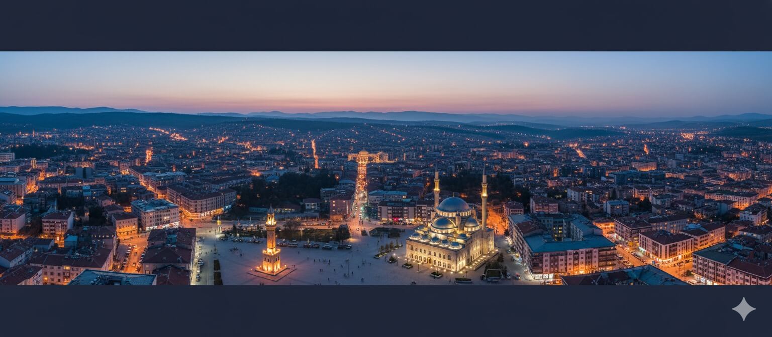 Balıkesir'in merkezi Saat Kulesi ve Zağnos Paşa Camii'nin alacakaranlıktaki çok geniş panoramik havadan görünümü, şehir ışıklarının kentsel manzarayı ve uzak tepeleri aydınlattığı, yumuşak mavi ve mor alacakaranlık gökyüzü altında.