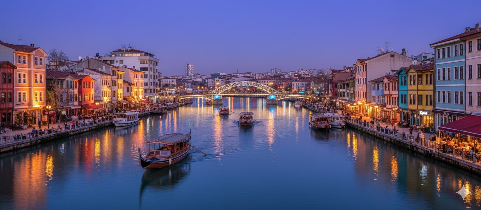 Eskişehir'de Porsuk Nehri'nin alacakaranlıktaki çok geniş panoramik görünümü, kıyılarını süsleyen renkli tarihi evler ve aydınlatılmış köprüler, suda gondol ve tekneler ile.
