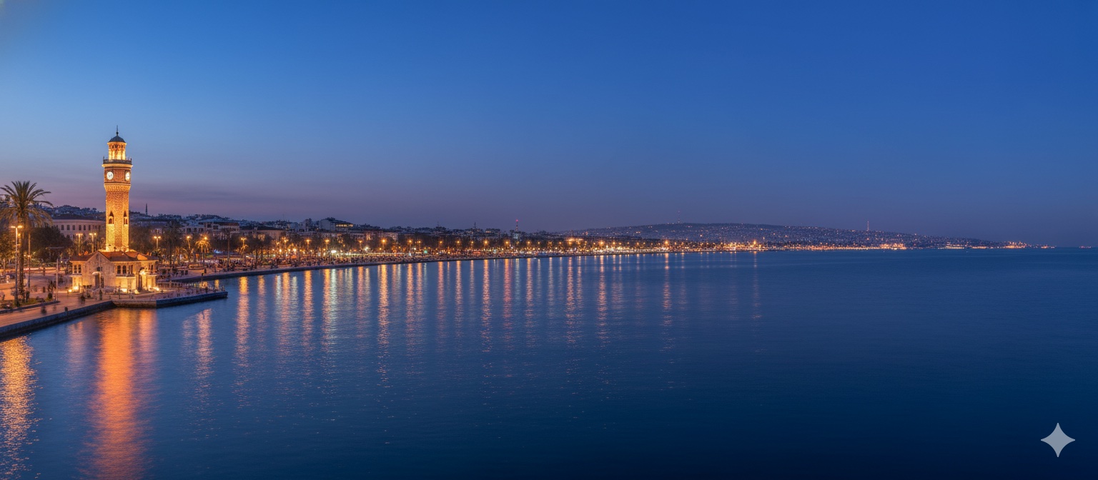 Very wide panoramic view of Izmir's historical Clock Tower and the bustling Kordon promenade at dusk, with city lights reflecting on the calm Aegean Sea under a blue sky.