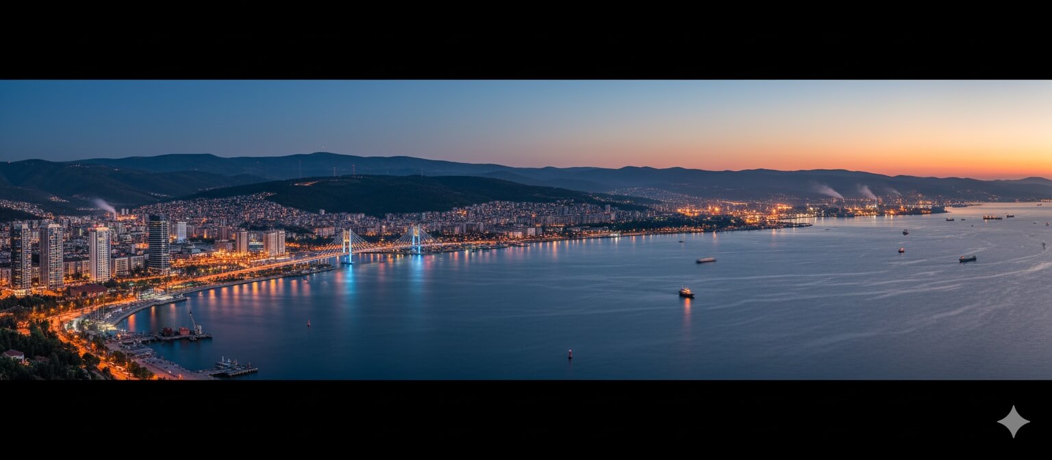 Kocaeli şehri ve İzmit Körfezi'nin alacakaranlıktaki çok geniş panoramik görünümü, aydınlatılmış şehir manzarası, sanayi alanları, asma köprü ve suda gemiler ile, solan turuncu ve mavi gökyüzü altında.