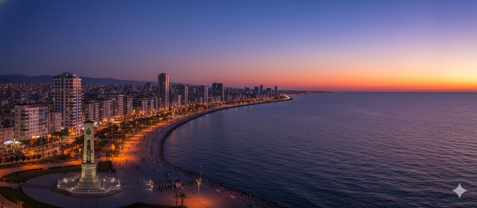Samsun'un hilal şeklindeki sahil şeridinin gün batımındaki çok geniş panoramik görünümü, Karadeniz boyunca sahil yolu ve binaları aydınlatan şehir ışıkları ile, ön planda belirgin bir anıt.